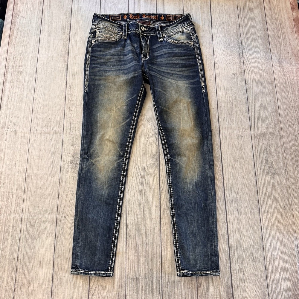 Rock Revival Celinda Mid Rise Ankle Skinny Jeans Womens 30 Blue Embellished